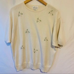 Cappagallo Short Sleeve Cream floral Embroidered Sweater size L vintage 90s
